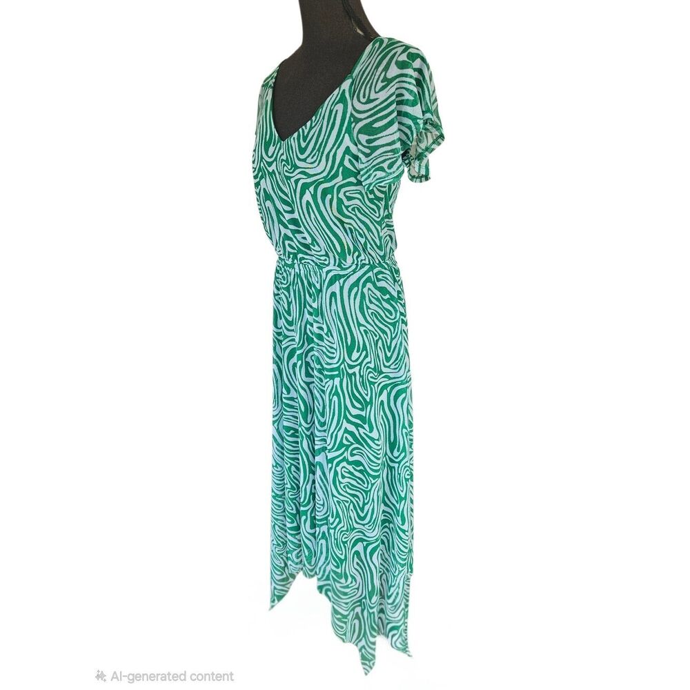 Harlow & Rose Emerald Green Handkerchief Hem Midi Dress Abstract Print Size S - Picture 2 of 11